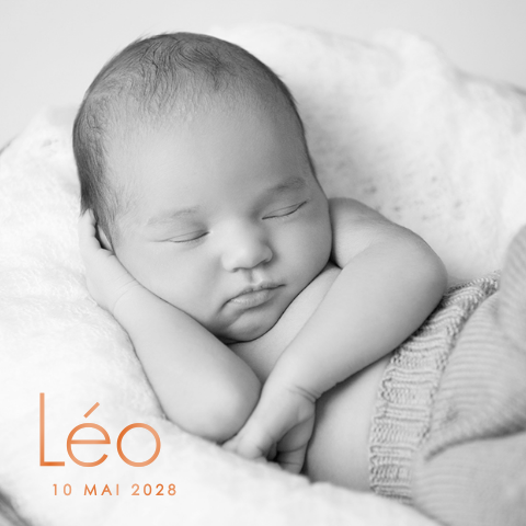 Faire-part de naissance carré avec photo et nom en vernis