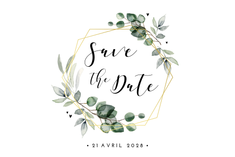 Save the date avec une couronne de feuilles et des cœurs discrets