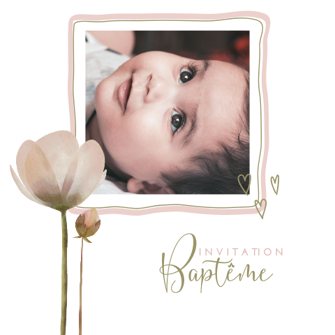 Faire-part de baptême mignon avec photo et fleurs à l'aquarelle