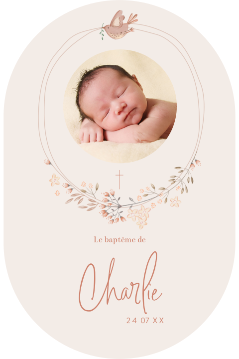 Faire-part de baptême doux avec photo et colombe dans les tons roses