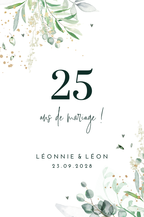 Invitation anniversaire mariage avec des feuilles vertes à l'aquarelle