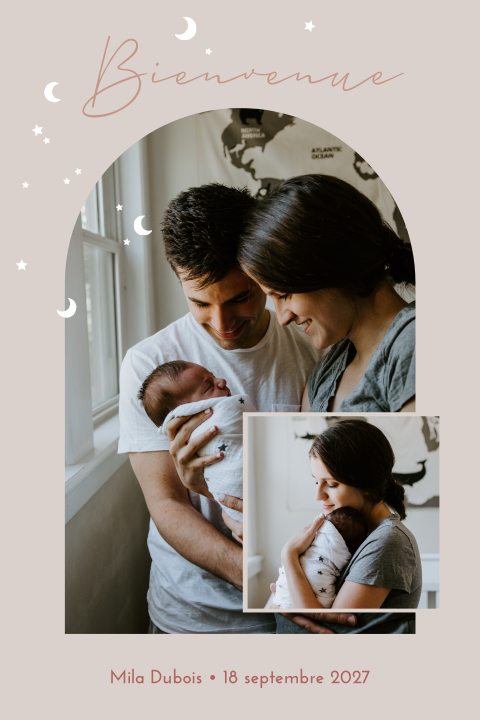 Joli faire-part de naissance avec photo en arche et étoiles