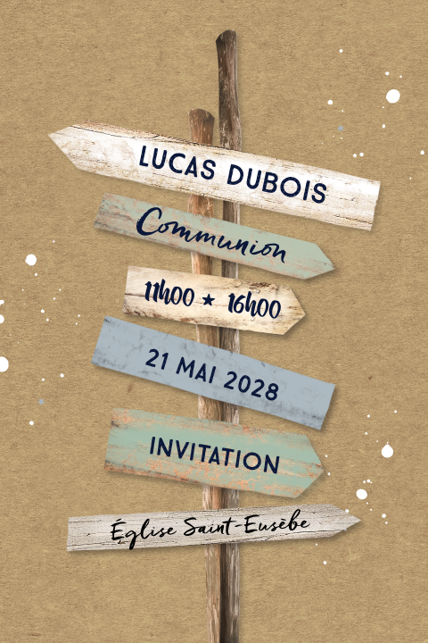 Faire-part de communion avec panneau indicateur sur d'aspect kraft
