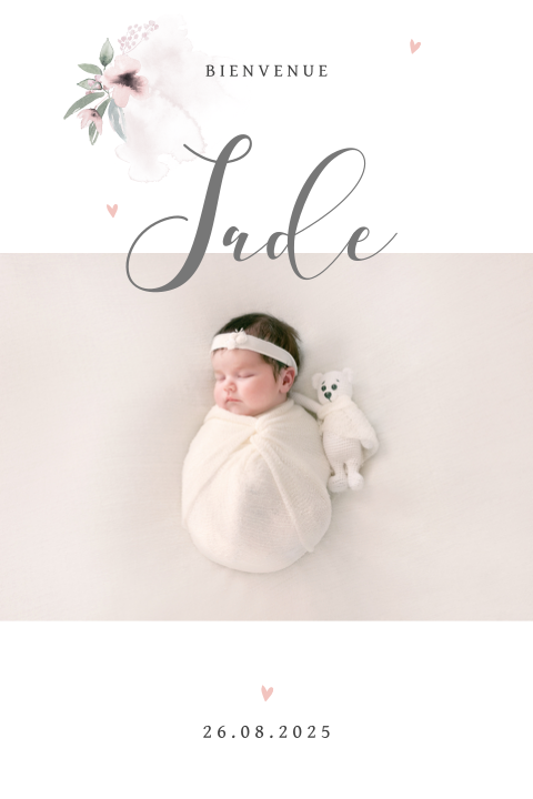 Faire-part de naissance avec fleurs en aquarelle et photo