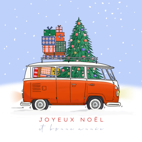 Carte de Noël professionnelle avec un bus rouge et des sapins