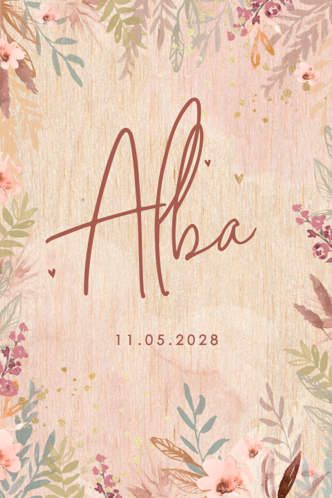 Faire-part de naissance sur bois avec bordure de fleurs