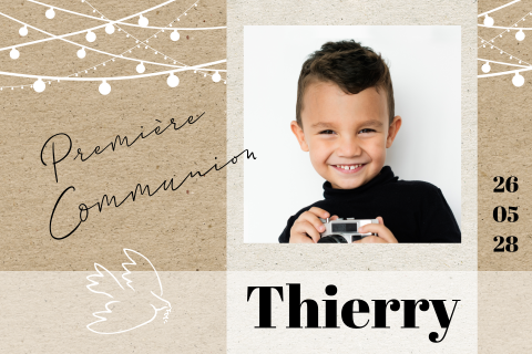 Faire-part de communion avec photo, colombe et guirlandes