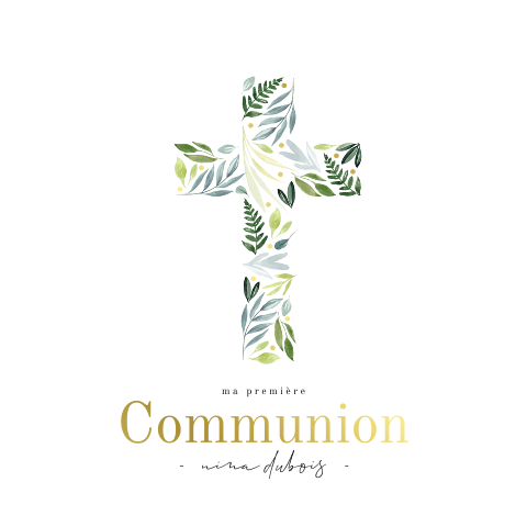 Faire-part de communion élégant avec croix de feuilles et dorures