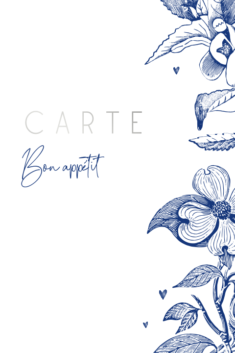 Menu avec des fleurs bleues et des dorures argentées