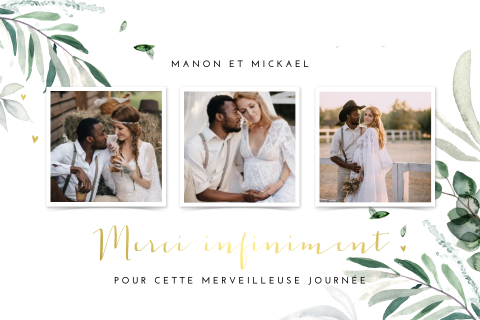 Carte de remerciement florale avec feuilles, photo et cœurs dorés