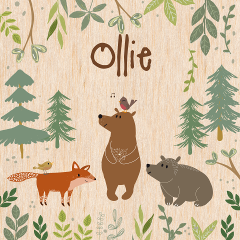 Faire-part de naissance sur bois avec animaux de forêt et arbres
