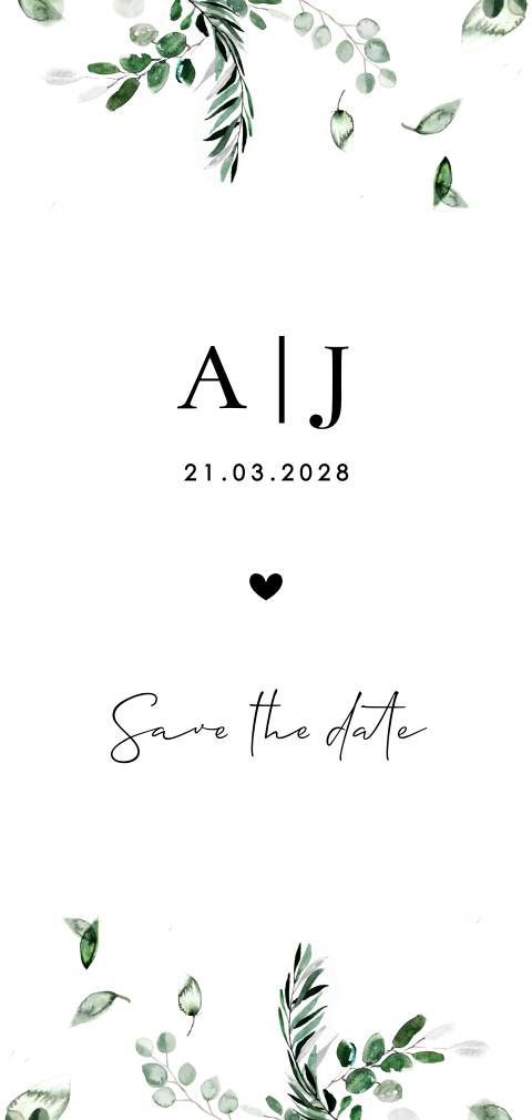 Save the date avec des feuilles et les initiales des mariés