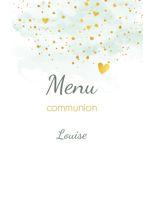 Menu communion avec cœurs et taches jaune-or sur fond aquarelle vert