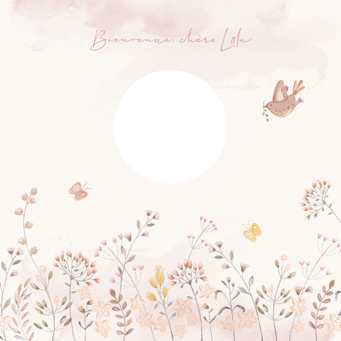 Faire-part de naissance doux avec fenêtre de photo et fleurs colorées
