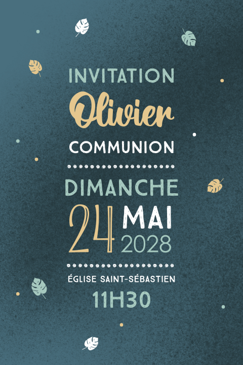 Faire-part de communion avec feuilles sur fond bleu foncé