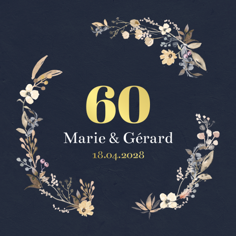 Invitation noces de diamant avec couronne de fleurs sur fond bleu