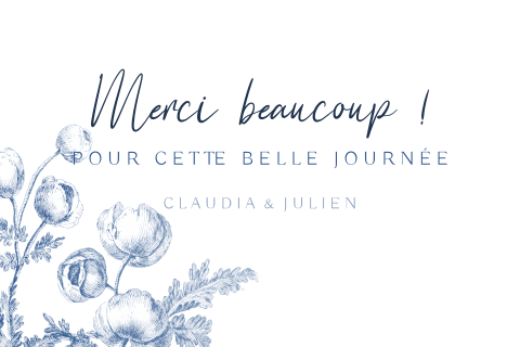 Carte de remerciement de mariage avec des fleurs bleues