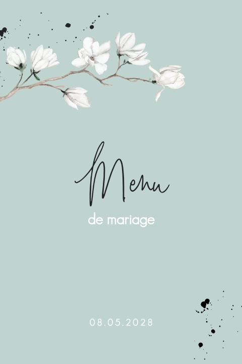 Menu bleu clair avec des fleurs blanches de magnolia