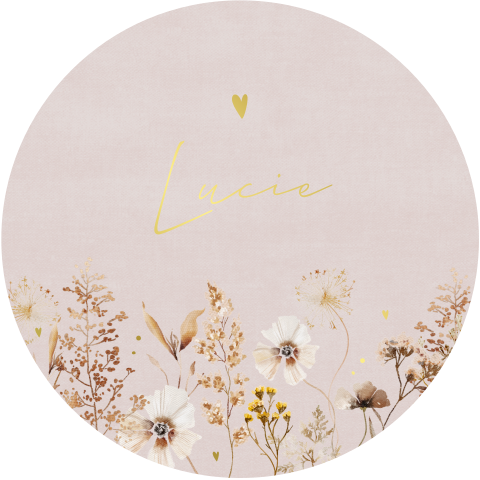 Faire-part de naissance rond avec fleurs des champs et dorure
