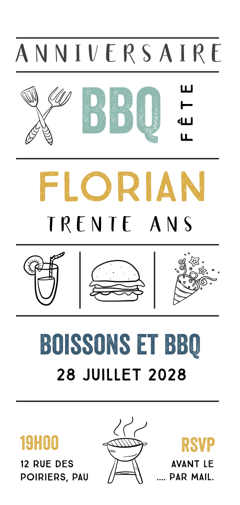 Carte d'invitation à une soirée barbecue pour le 30ème anniversaire