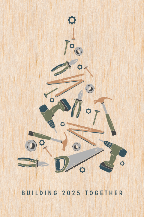 Carte de Noël en bois avec un sapin de Noël en outils
