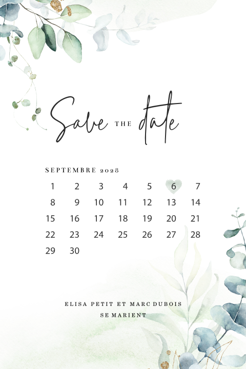 Save the Date avec eucalyptus en aquarelle et un calendrier