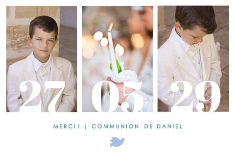 Carte remerciement avec date et trois photos