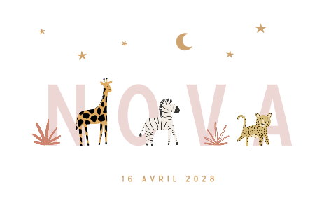 Faire-part de naissance avec animaux de la jungle et nom rose