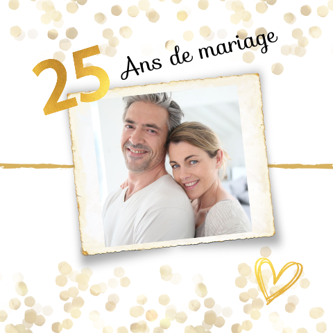 Invitation de noces d'argent avec cœurs, confettis et photo