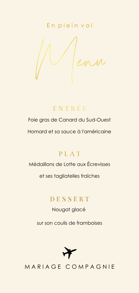Menu élégant sur le thème du voyage avec des détails dorés