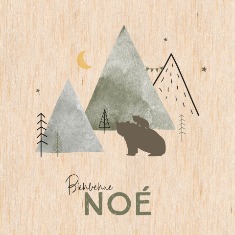 Faire-part de naissance en bois avec ours et montagne