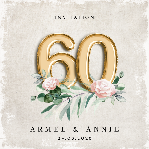 Invitation classique pour noces de diamant avec de délicates roses