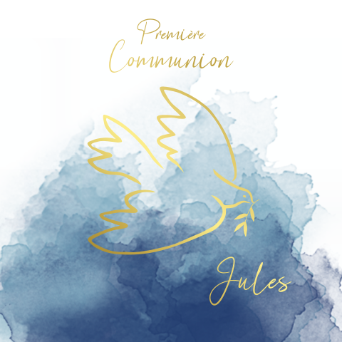 Faire-part de communion avec aquarelle bleue et colombe dorée