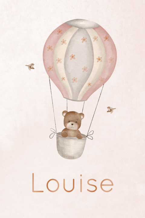 Faire-part de naissance avec montgolfière et ours sur fond rose