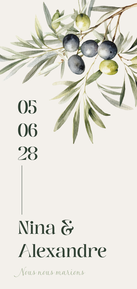 Faire-part de mariage avec branche d'olivier et olives