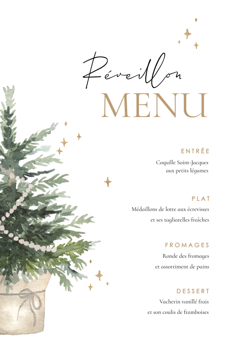 Menu festif avec un sapin et des étoiles