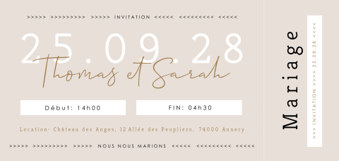 Faire-part de mariage original sous forme de billet en vieux rose