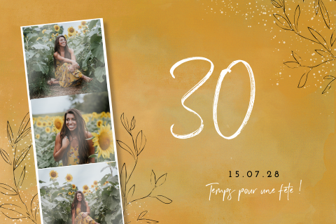 Invitation tendance avec photos et feuillages sur fond jaune ocre