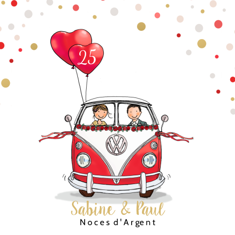 Invitation anniversaire mariage avec un van rouge et des confettis