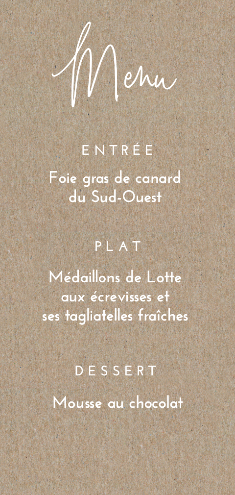 Menu en papier kraft avec écriture blanche