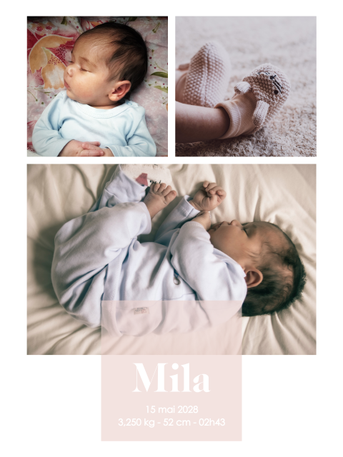 Affiche de naissance avec collage de photos et carré rose