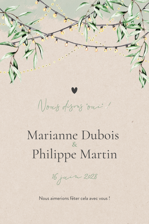 Faire-part de mariage avec guirlandes lumineuses et feuilles