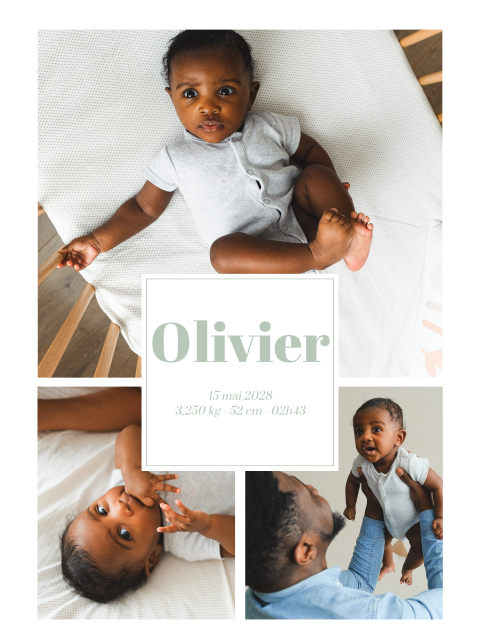 Affiche de naissance avec typographie verte et montage photos