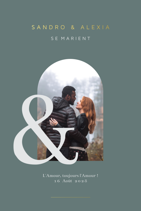 Faire-part de mariage en vert pétrole avec une photo