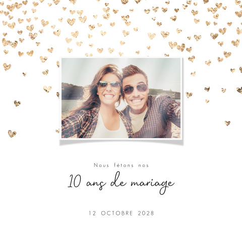 Invitation noces d'etain avec photo et cœurs jaune-or