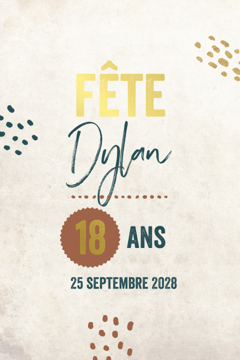 Carte d'invitation moderne pour les 18 ans avec des dorures