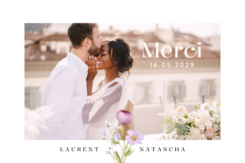 Carte remerciement mariage magnet avec photo, prénoms des mariés