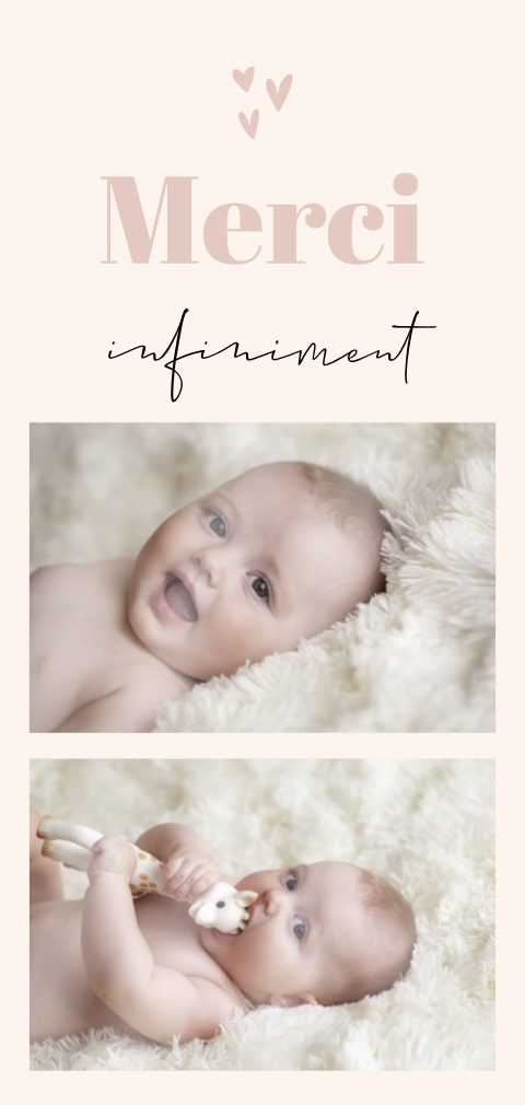 Jolie carte de remerciement de naissance avec photos et petits cœurs