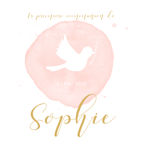 Faire-part de communion avec colombe et aquarelle rose