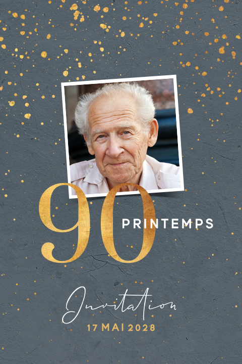 Carte d'anniversaire pour 90 ans avec photo sur fond bleu et doré